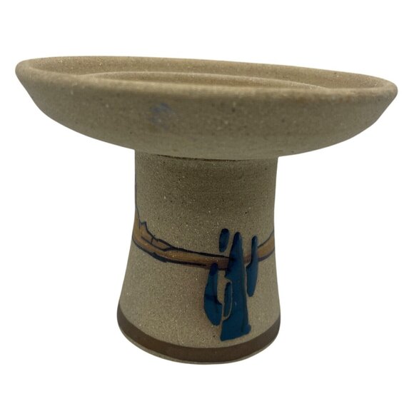 Handcrafted Pottery Candle Holder Painted Desert Motif & Cactus Southwest Design - Picture 11 of 14